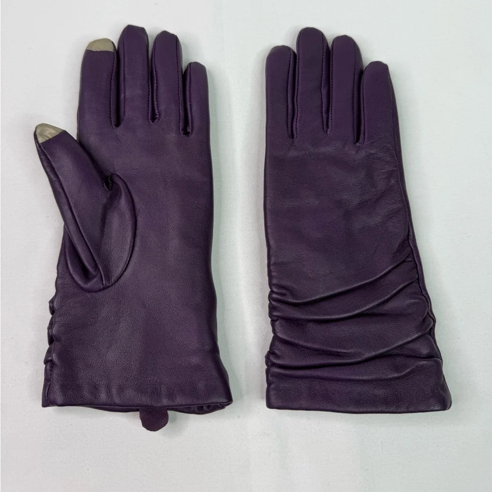 Leather Winter Thinsulate Lined Purple Gloves Ruched Back Size Medium